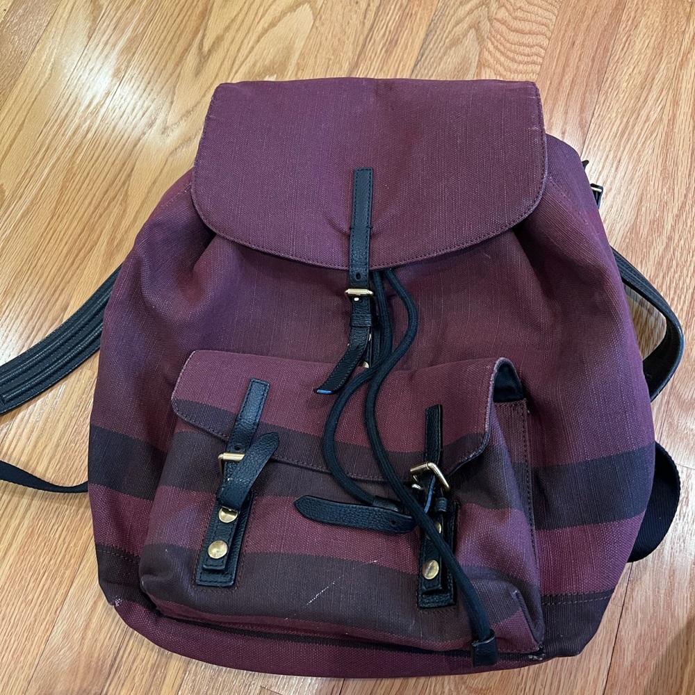 Burberry Burgundy and Black Stripe Canvas Backpack